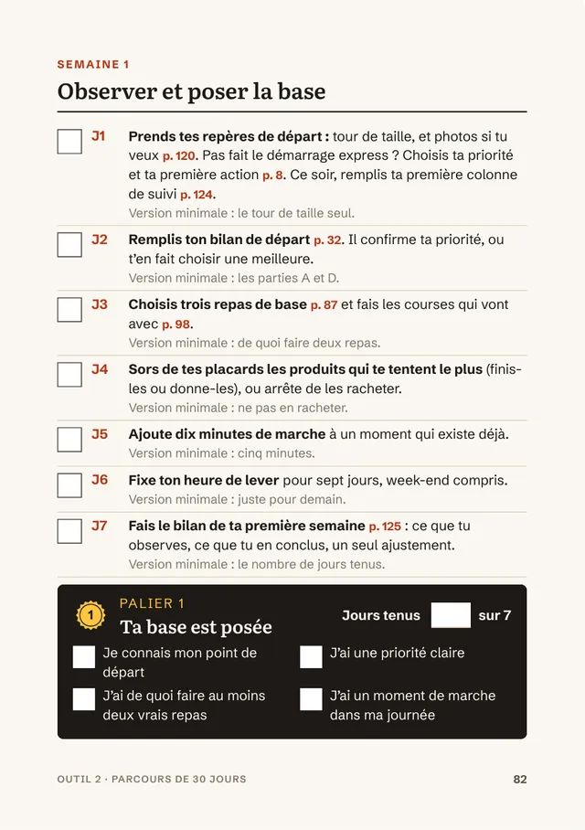 Page du livre : Le parcours : une action par jour, une case à cocher